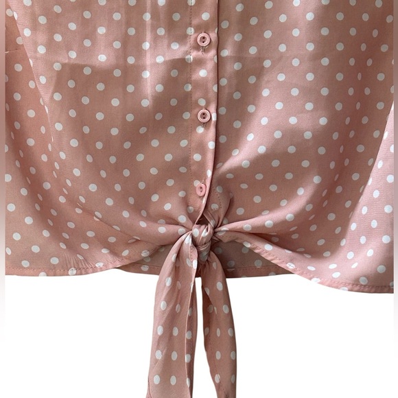Forever 21 Polka Dot Tie Front Cropped Blouse Long Sleeves Blush Pink Size M - Picture 3 of 10